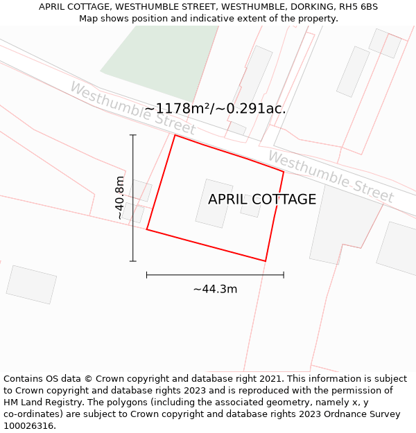 APRIL COTTAGE, WESTHUMBLE STREET, WESTHUMBLE, DORKING, RH5 6BS: Plot and title map