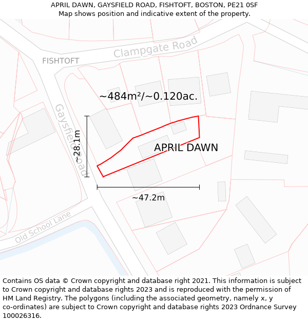 APRIL DAWN, GAYSFIELD ROAD, FISHTOFT, BOSTON, PE21 0SF: Plot and title map