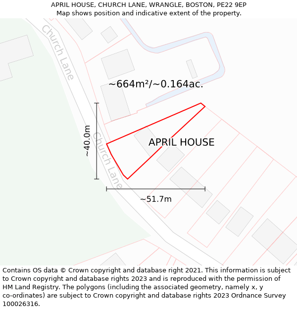 APRIL HOUSE, CHURCH LANE, WRANGLE, BOSTON, PE22 9EP: Plot and title map