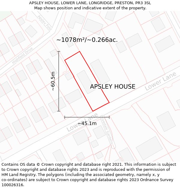 APSLEY HOUSE, LOWER LANE, LONGRIDGE, PRESTON, PR3 3SL: Plot and title map