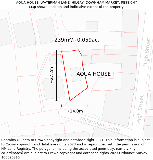 AQUA HOUSE, WATERMAN LANE, HILGAY, DOWNHAM MARKET, PE38 0HY: Plot and title map