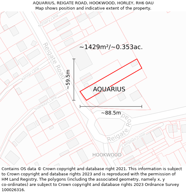 AQUARIUS, REIGATE ROAD, HOOKWOOD, HORLEY, RH6 0AU: Plot and title map