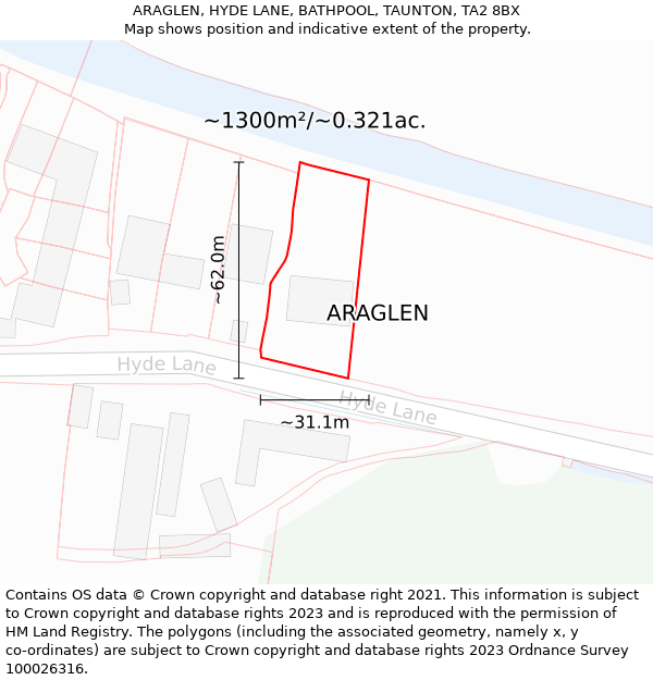 ARAGLEN, HYDE LANE, BATHPOOL, TAUNTON, TA2 8BX: Plot and title map