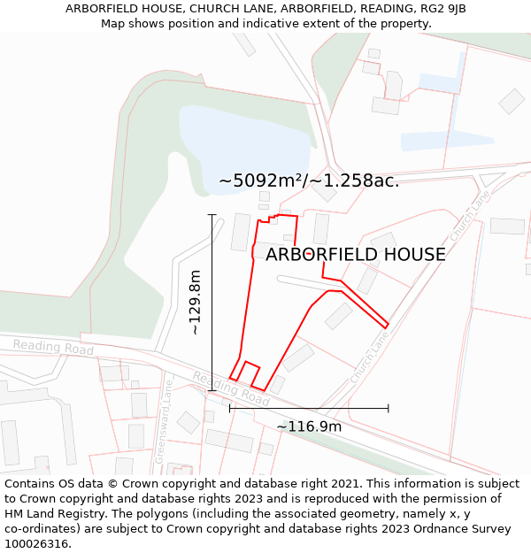 ARBORFIELD HOUSE, CHURCH LANE, ARBORFIELD, READING, RG2 9JB: Plot and title map