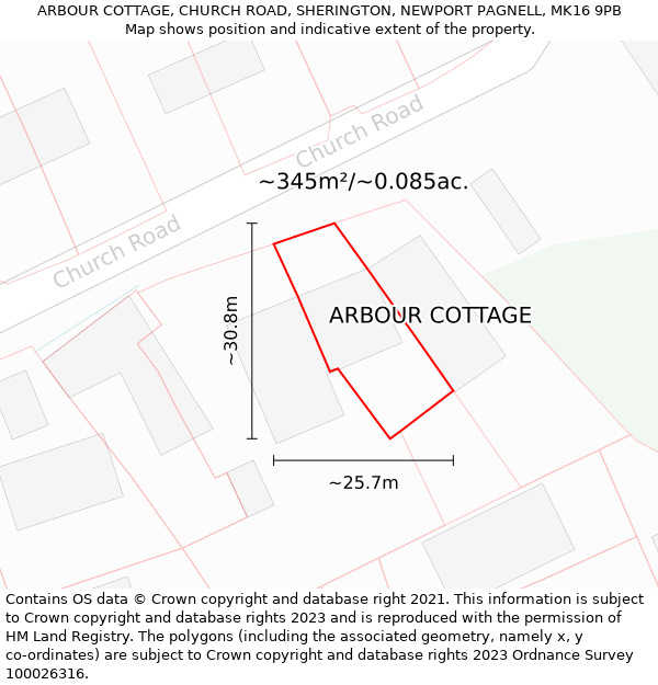 ARBOUR COTTAGE, CHURCH ROAD, SHERINGTON, NEWPORT PAGNELL, MK16 9PB: Plot and title map