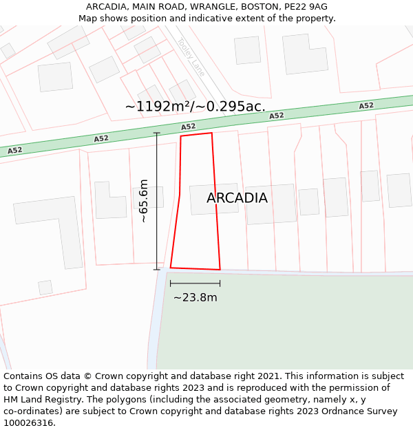 ARCADIA, MAIN ROAD, WRANGLE, BOSTON, PE22 9AG: Plot and title map