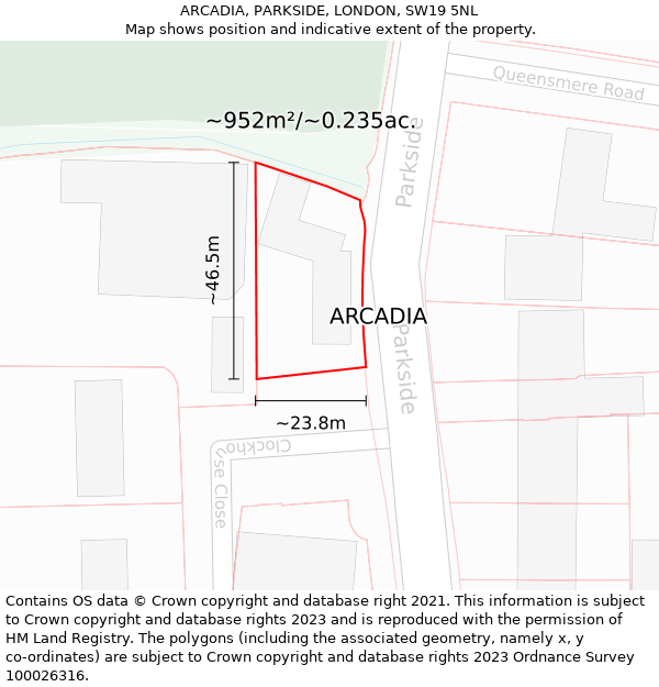 ARCADIA, PARKSIDE, LONDON, SW19 5NL: Plot and title map