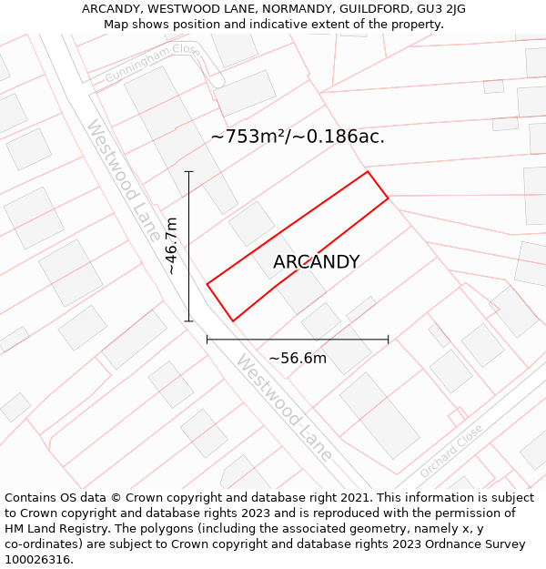 ARCANDY, WESTWOOD LANE, NORMANDY, GUILDFORD, GU3 2JG: Plot and title map