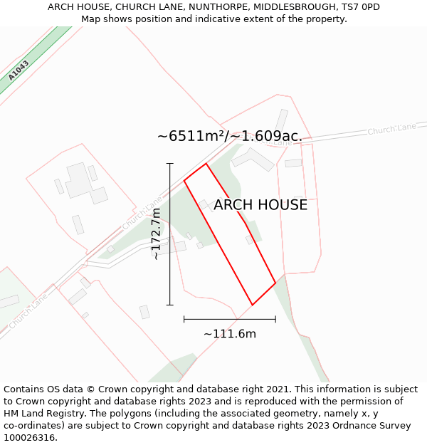 ARCH HOUSE, CHURCH LANE, NUNTHORPE, MIDDLESBROUGH, TS7 0PD: Plot and title map