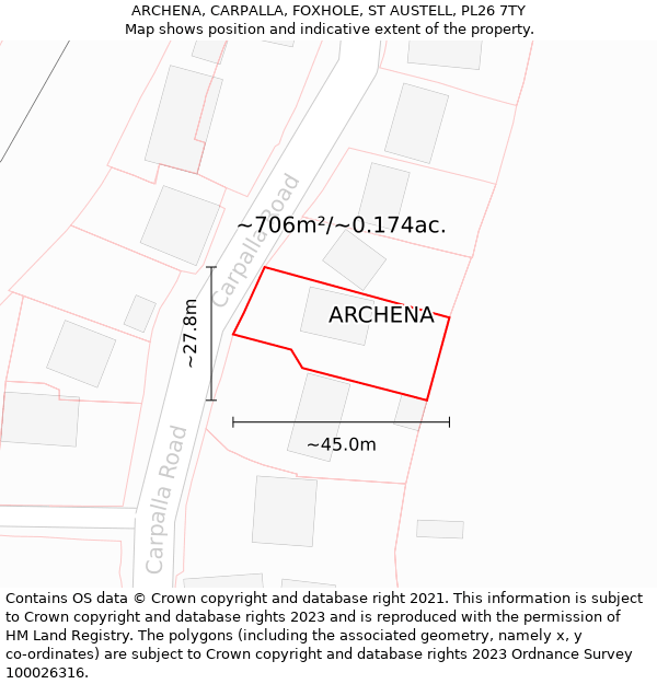 ARCHENA, CARPALLA, FOXHOLE, ST AUSTELL, PL26 7TY: Plot and title map