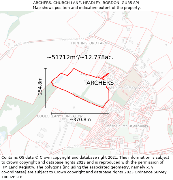 ARCHERS, CHURCH LANE, HEADLEY, BORDON, GU35 8PL: Plot and title map