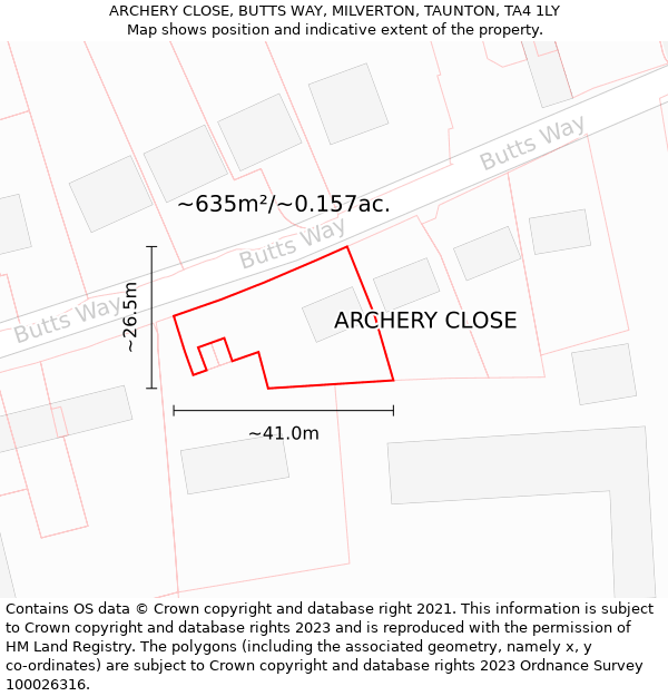 ARCHERY CLOSE, BUTTS WAY, MILVERTON, TAUNTON, TA4 1LY: Plot and title map