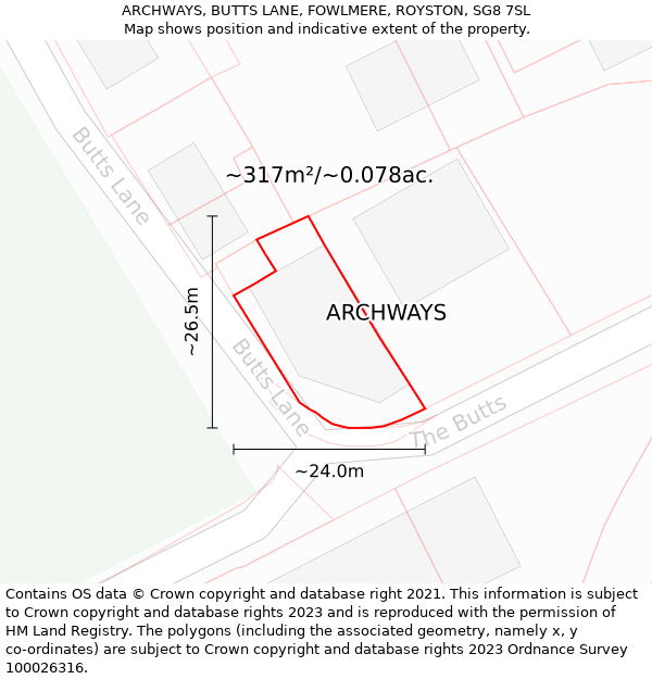 ARCHWAYS, BUTTS LANE, FOWLMERE, ROYSTON, SG8 7SL: Plot and title map