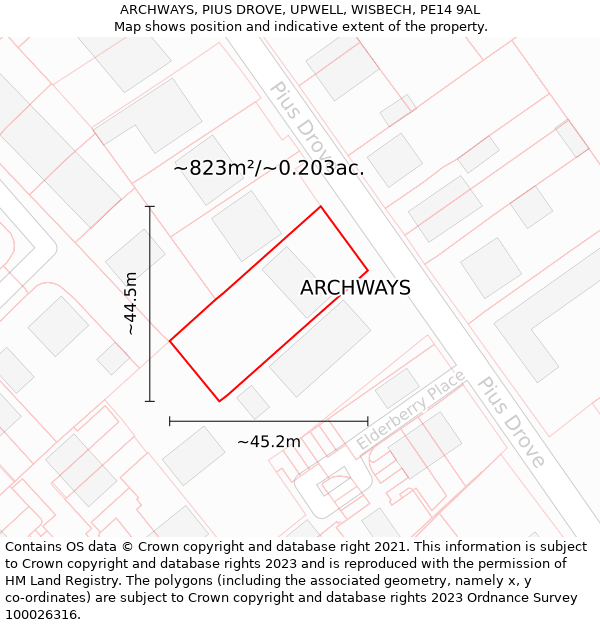 ARCHWAYS, PIUS DROVE, UPWELL, WISBECH, PE14 9AL: Plot and title map