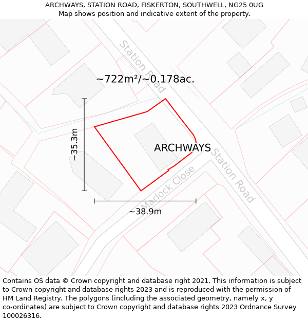 ARCHWAYS, STATION ROAD, FISKERTON, SOUTHWELL, NG25 0UG: Plot and title map