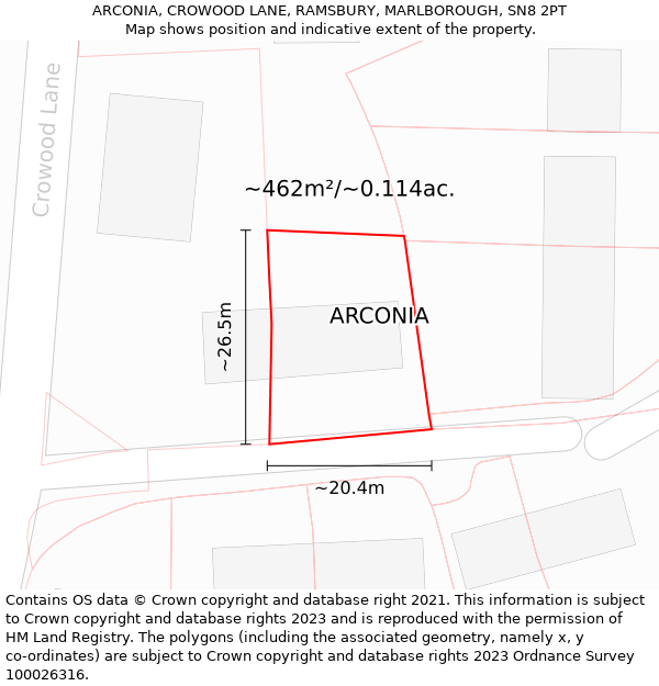 ARCONIA, CROWOOD LANE, RAMSBURY, MARLBOROUGH, SN8 2PT: Plot and title map