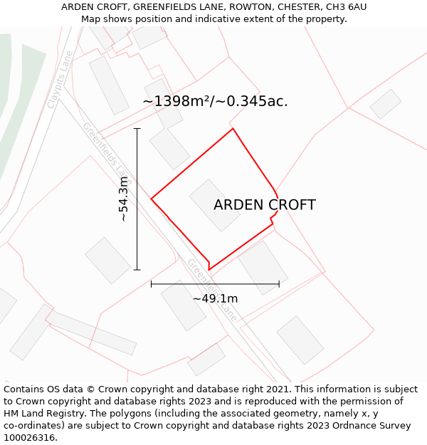 ARDEN CROFT, GREENFIELDS LANE, ROWTON, CHESTER, CH3 6AU: Plot and title map