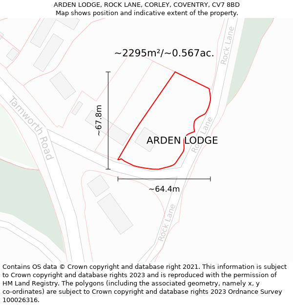 ARDEN LODGE, ROCK LANE, CORLEY, COVENTRY, CV7 8BD: Plot and title map