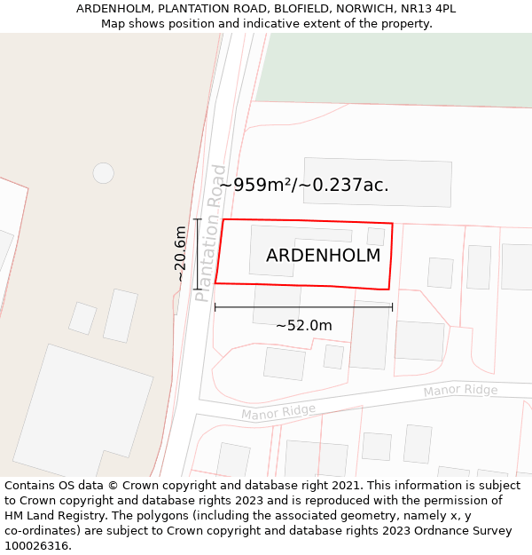ARDENHOLM, PLANTATION ROAD, BLOFIELD, NORWICH, NR13 4PL: Plot and title map