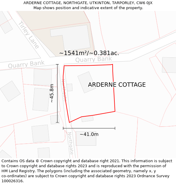 ARDERNE COTTAGE, NORTHGATE, UTKINTON, TARPORLEY, CW6 0JX: Plot and title map