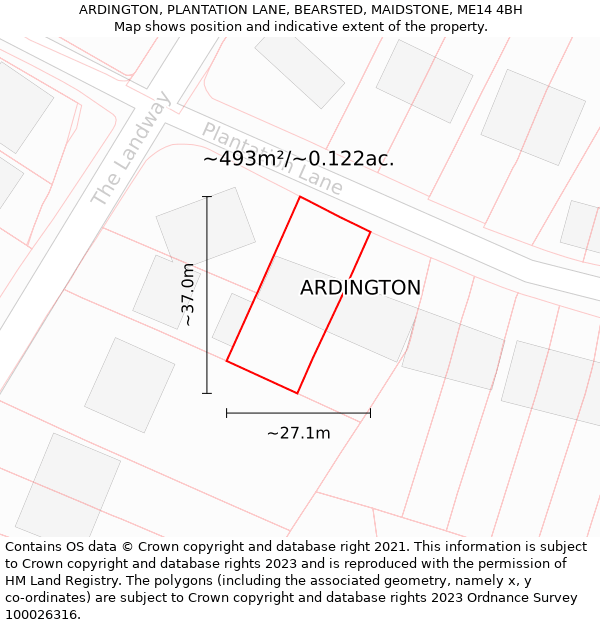 ARDINGTON, PLANTATION LANE, BEARSTED, MAIDSTONE, ME14 4BH: Plot and title map