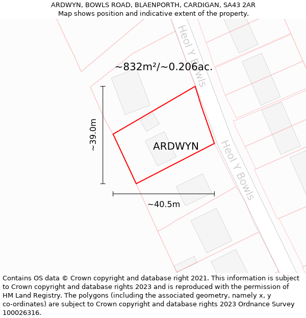 ARDWYN, BOWLS ROAD, BLAENPORTH, CARDIGAN, SA43 2AR: Plot and title map