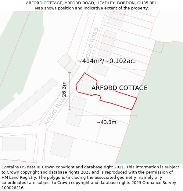 ARFORD COTTAGE, ARFORD ROAD, HEADLEY, BORDON, GU35 8BU: Plot and title map
