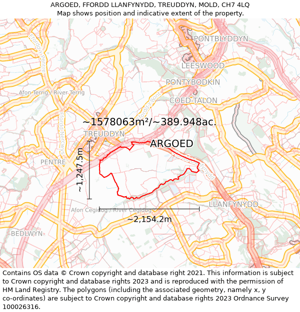 ARGOED, FFORDD LLANFYNYDD, TREUDDYN, MOLD, CH7 4LQ: Plot and title map