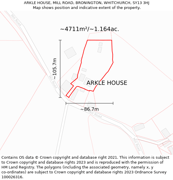 ARKLE HOUSE, MILL ROAD, BRONINGTON, WHITCHURCH, SY13 3HJ: Plot and title map