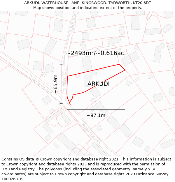 ARKUDI, WATERHOUSE LANE, KINGSWOOD, TADWORTH, KT20 6DT: Plot and title map