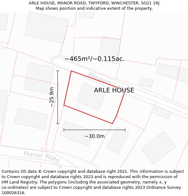 ARLE HOUSE, MANOR ROAD, TWYFORD, WINCHESTER, SO21 1RJ: Plot and title map