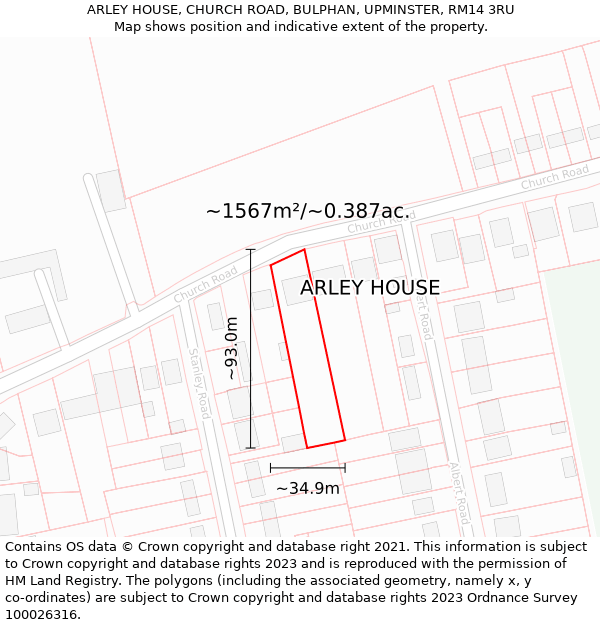 ARLEY HOUSE, CHURCH ROAD, BULPHAN, UPMINSTER, RM14 3RU: Plot and title map