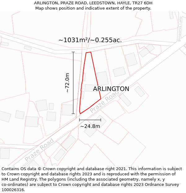 ARLINGTON, PRAZE ROAD, LEEDSTOWN, HAYLE, TR27 6DH: Plot and title map