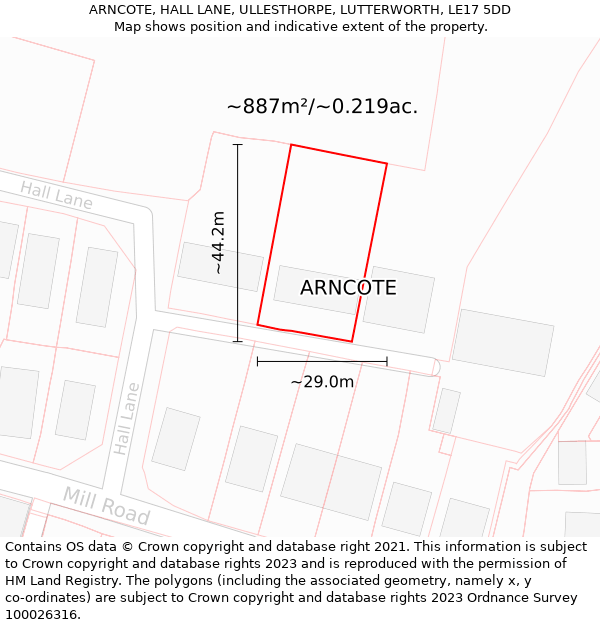 ARNCOTE, HALL LANE, ULLESTHORPE, LUTTERWORTH, LE17 5DD: Plot and title map