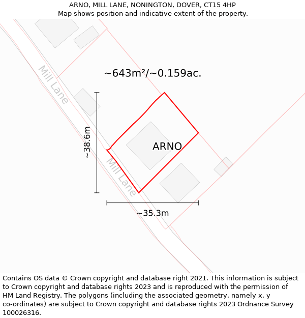 ARNO, MILL LANE, NONINGTON, DOVER, CT15 4HP: Plot and title map