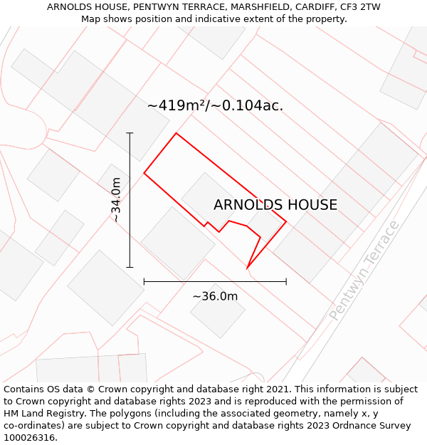 ARNOLDS HOUSE, PENTWYN TERRACE, MARSHFIELD, CARDIFF, CF3 2TW: Plot and title map