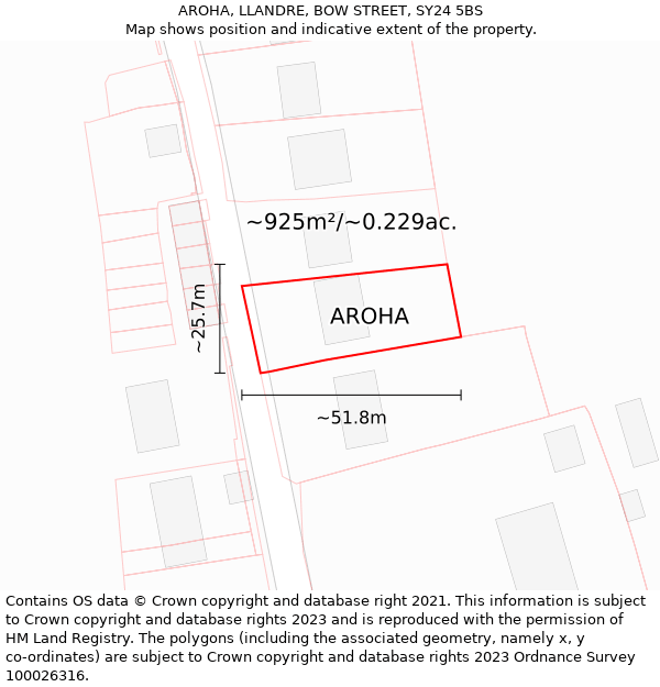 AROHA, LLANDRE, BOW STREET, SY24 5BS: Plot and title map