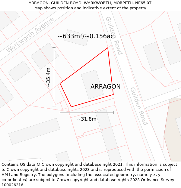 ARRAGON, GUILDEN ROAD, WARKWORTH, MORPETH, NE65 0TJ: Plot and title map