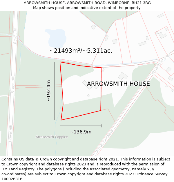 ARROWSMITH HOUSE, ARROWSMITH ROAD, WIMBORNE, BH21 3BG: Plot and title map