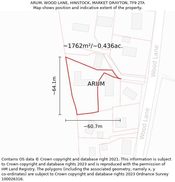 ARUM, WOOD LANE, HINSTOCK, MARKET DRAYTON, TF9 2TA: Plot and title map