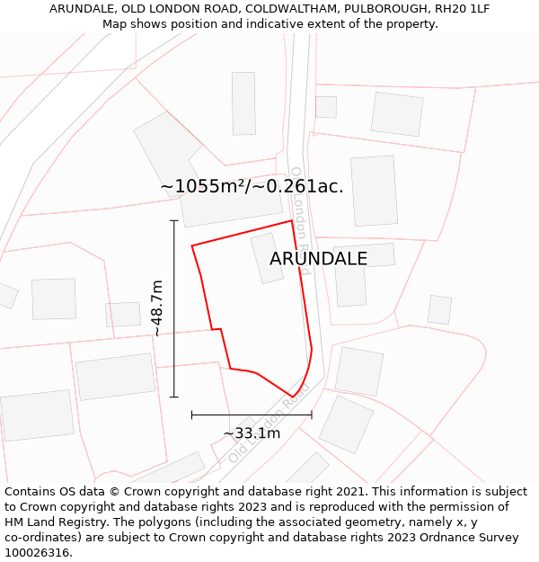 ARUNDALE, OLD LONDON ROAD, COLDWALTHAM, PULBOROUGH, RH20 1LF: Plot and title map