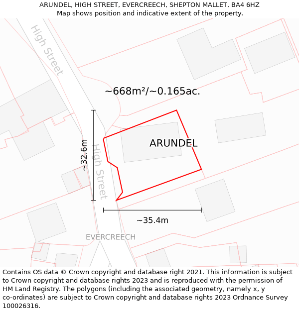 ARUNDEL, HIGH STREET, EVERCREECH, SHEPTON MALLET, BA4 6HZ: Plot and title map