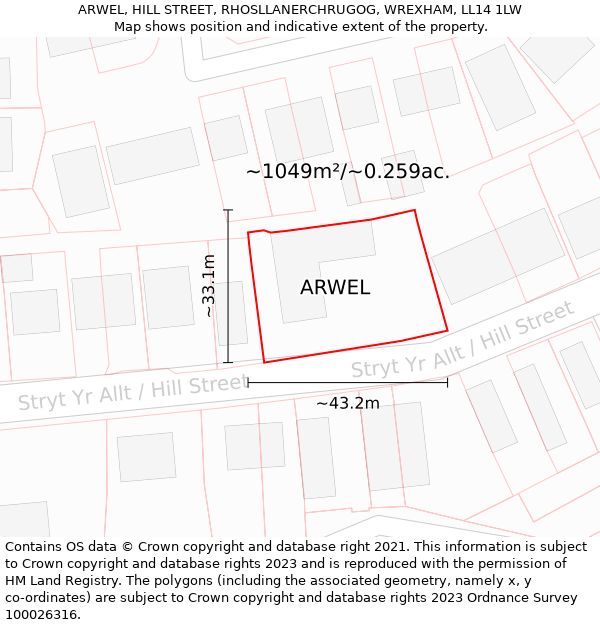 ARWEL, HILL STREET, RHOSLLANERCHRUGOG, WREXHAM, LL14 1LW: Plot and title map