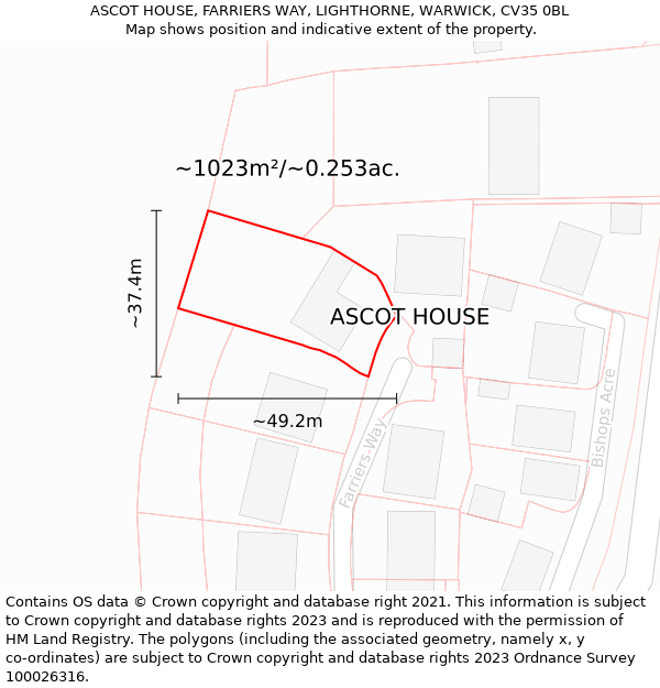 ASCOT HOUSE, FARRIERS WAY, LIGHTHORNE, WARWICK, CV35 0BL: Plot and title map