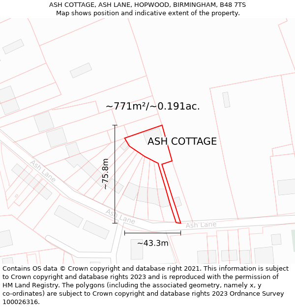 ASH COTTAGE, ASH LANE, HOPWOOD, BIRMINGHAM, B48 7TS: Plot and title map