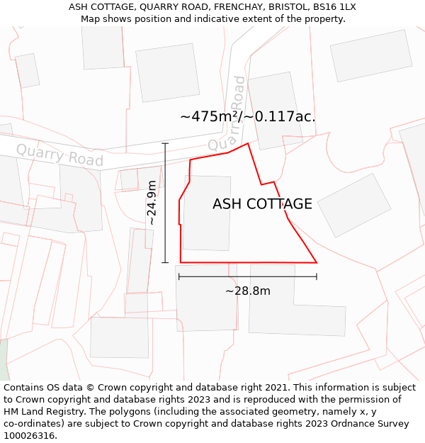 ASH COTTAGE, QUARRY ROAD, FRENCHAY, BRISTOL, BS16 1LX: Plot and title map