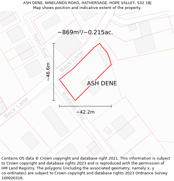 ASH DENE, NINELANDS ROAD, HATHERSAGE, HOPE VALLEY, S32 1BJ: Plot and title map