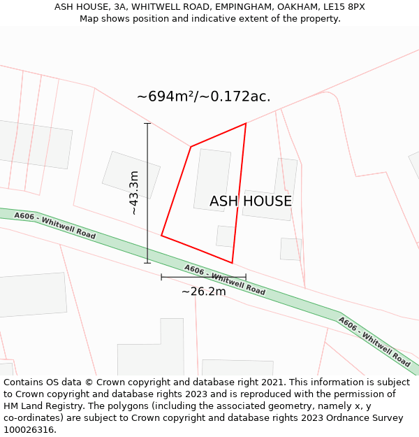 ASH HOUSE, 3A, WHITWELL ROAD, EMPINGHAM, OAKHAM, LE15 8PX: Plot and title map