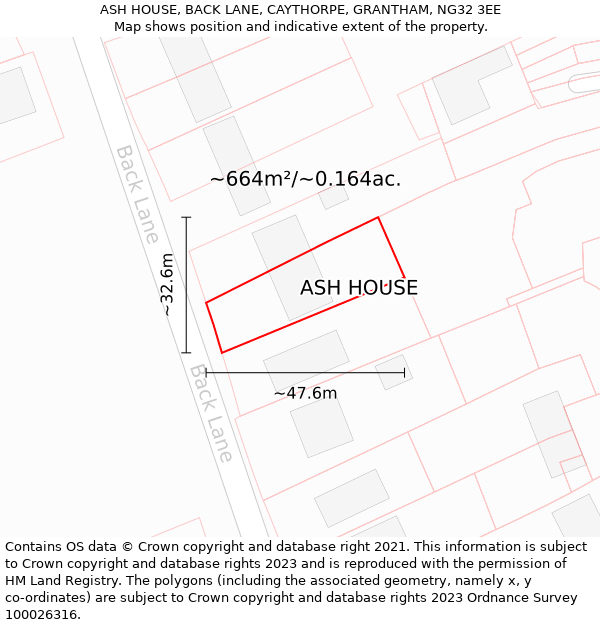 ASH HOUSE, BACK LANE, CAYTHORPE, GRANTHAM, NG32 3EE: Plot and title map