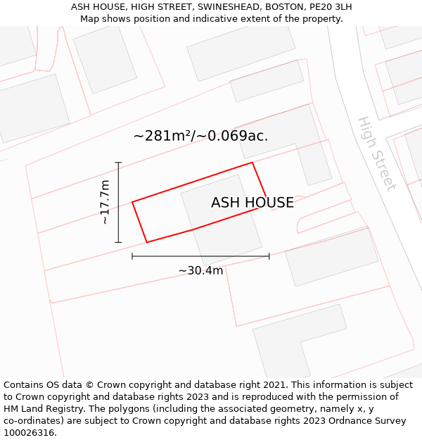 ASH HOUSE, HIGH STREET, SWINESHEAD, BOSTON, PE20 3LH: Plot and title map